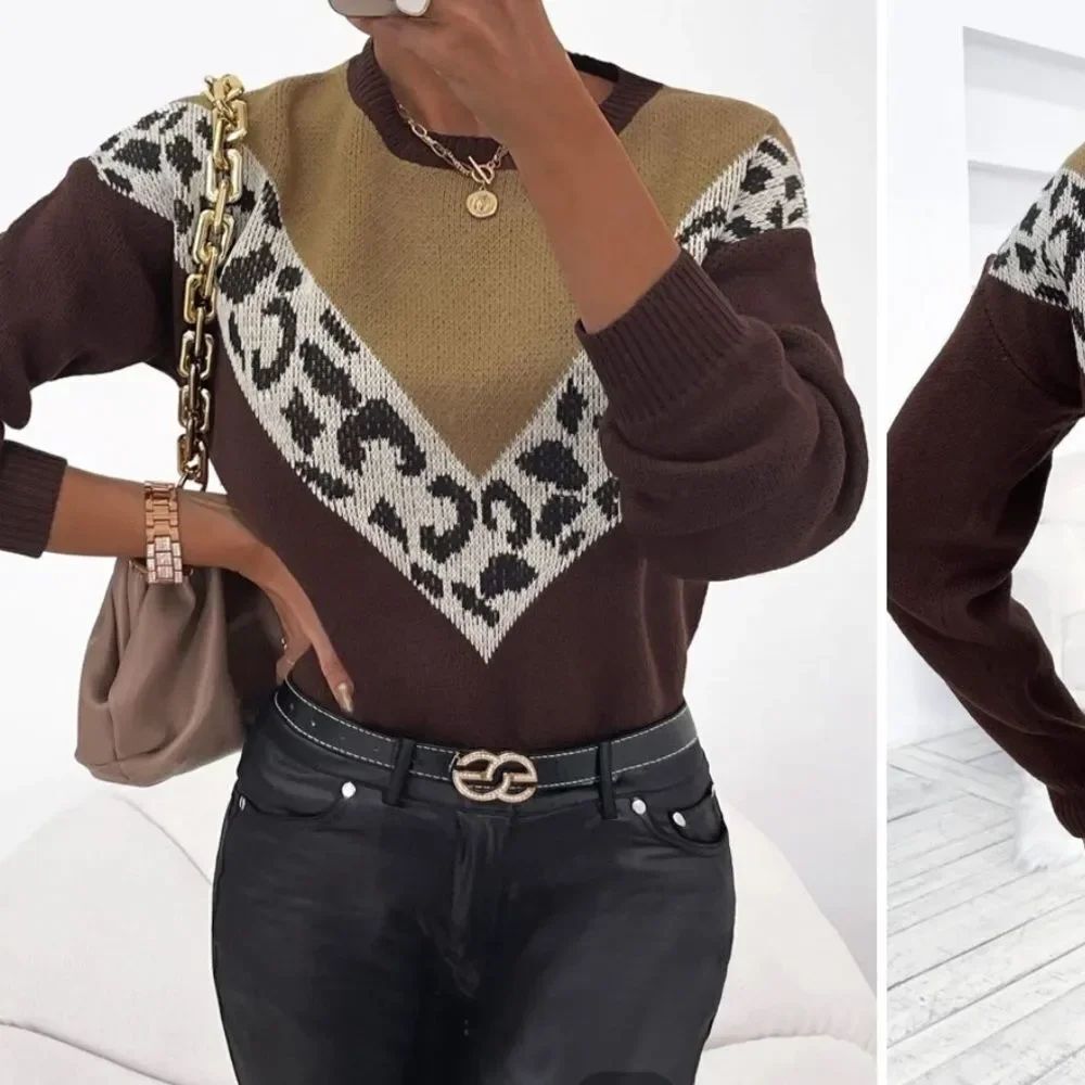 Leopard & Chevron Pattern Drop Shoulder Sweater